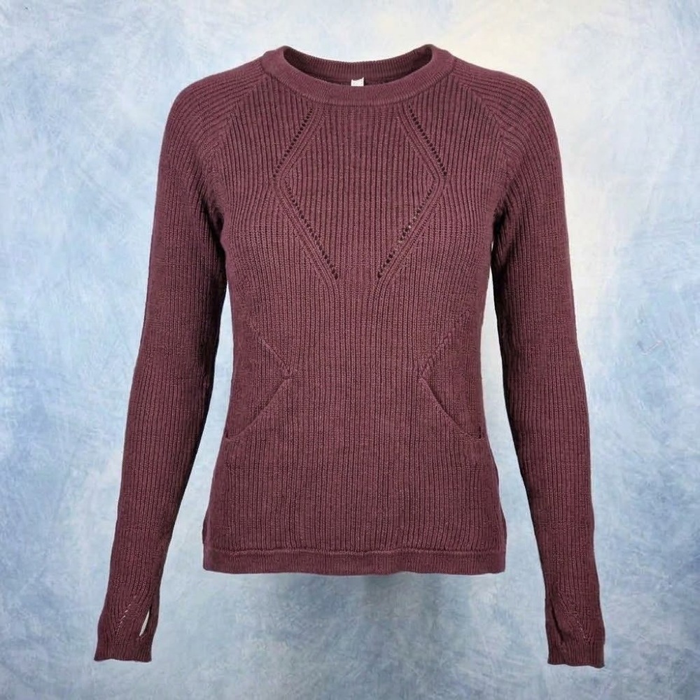 Lululemon Burgundy Ribbed Knit Crewneck Sweater Pointelle Detail Thumbholes M
